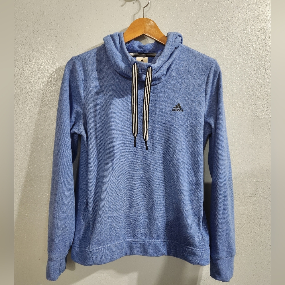 Adidas Blue Women's Hoodie with Striped Drawstrings Like New Size Medium